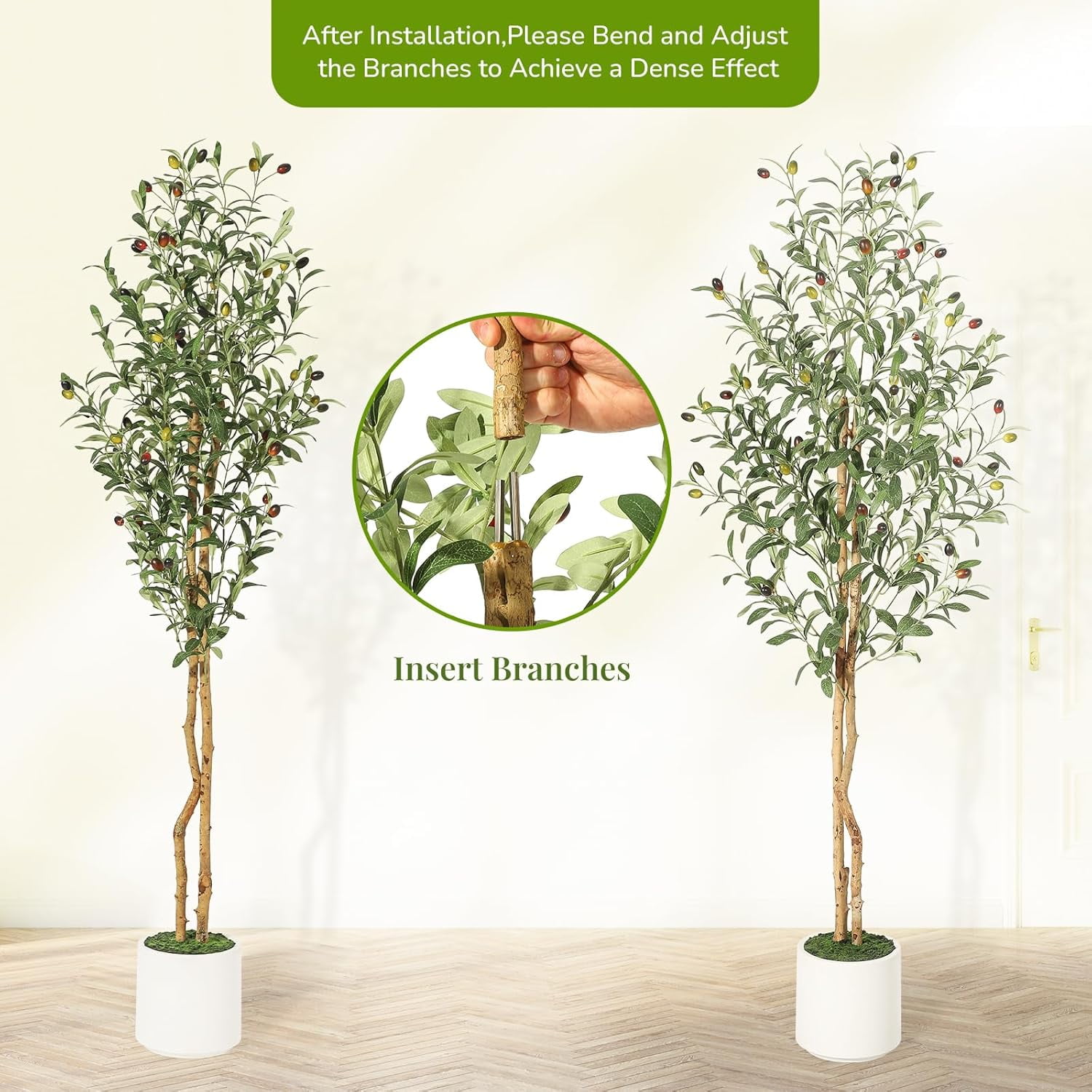 Olive Trees Artificial Indoor, 7FT Tall Faux Silk Plant White Planter, Fake Olive Trees with Natural Wood Trunk and Green Fake Moss for Home Office Decor