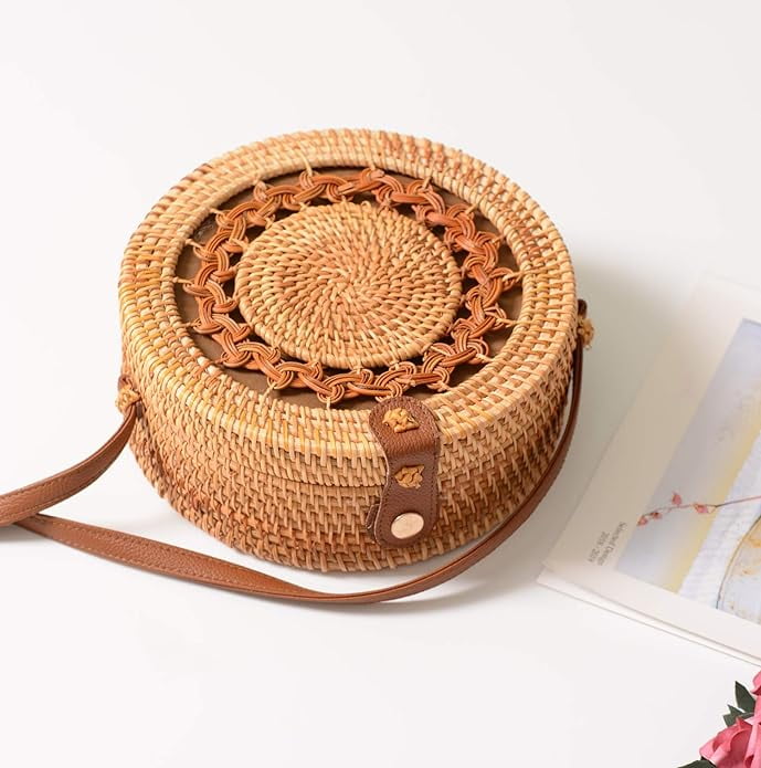 Handwoven Rattan Bag Shoulder with Leather Strap, Women Handmade Wicker Woven Purse, Brown Straw Boho Basket Handbag(7.9x7.9x3.1inches)