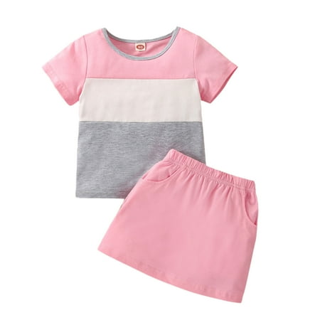 

Girl Baby Outfit Toddler Kids Girls Clothes Casual Color Matching Short Sleeves Top Soild Skirt 2PCS Outfits Set Baby Clothe Gift Set