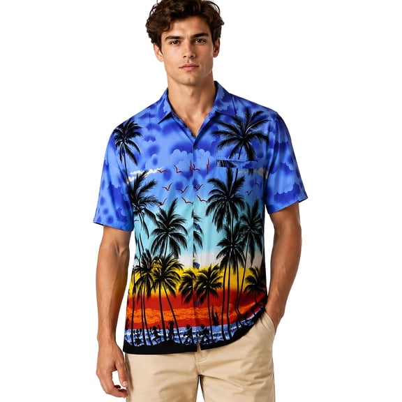 HAPPY BAY Men's Hawaiian Shirts Short Sleeve Button Down Shirt Men's Vacation Shirts Summer Beach Casual Tropical Shirts for Men Funny 5XL Palm Tree Island View, Royal Blue For Dad