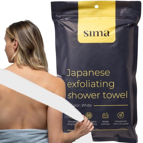 Toalla exfoliante facial y corporal Sima Brand: toalla exfoliante japonesa con fibras hexagonales, exfoliante corporal de 2 lados extra largos para f