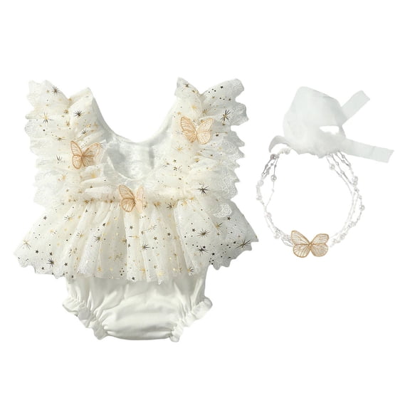 1 Set Butterfly Adorned Newborns Photography Dress Headwear Soft Polyester Baby Girls Photoshoots Romper 0-1 Month