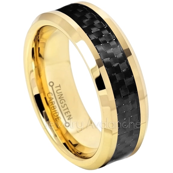 8mm Tungsten Ring - Polished Yellow Gold Plated Comfort Fit Tungsten Carbide Ring with Black Carbon Fiber Inlay - TN331WAs9