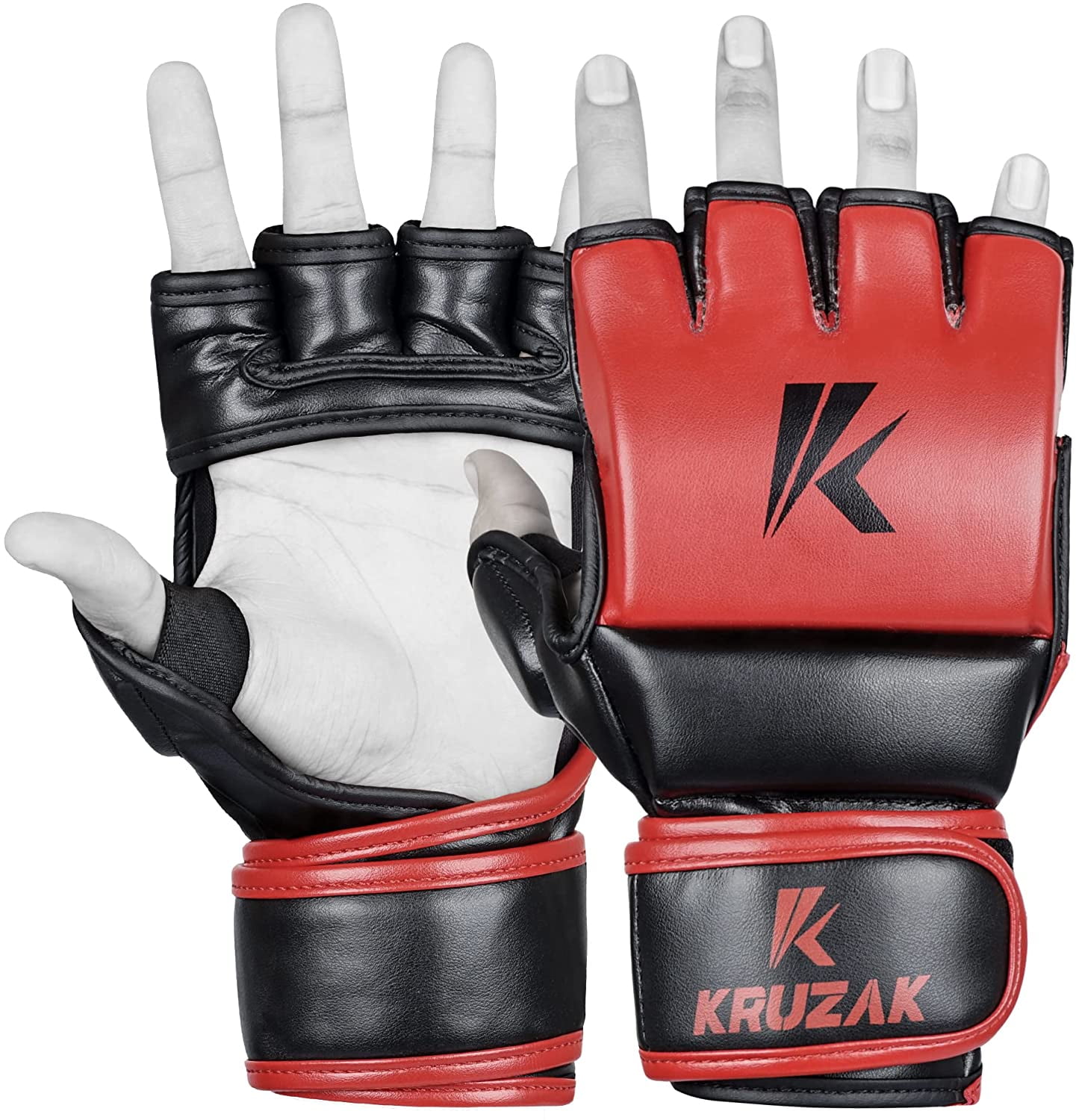 Kruzak MMA Gloves, Men and Women’s Half-Finger Boxing Mitts, Hand Wraps with Open Palms for Grappling, Kickboxing, Sanda, Sparring, Muay Thai (S/M, Red)