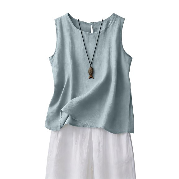 Cotton Linen Tank Tops for Women Summer Casual Comfy Sleeveless Linen Shirts Loose Lightweight Gauze Cami Light Blue S