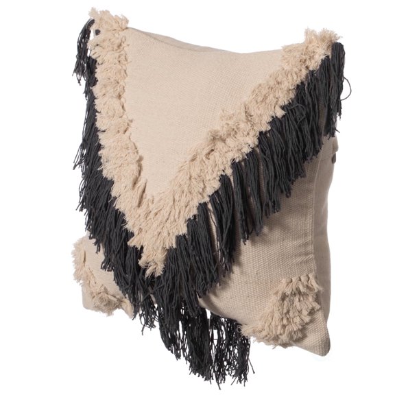 16" Handwoven Cotton Throw Pillow Cover with Embossed and Fringed Crossed line, Charcoal