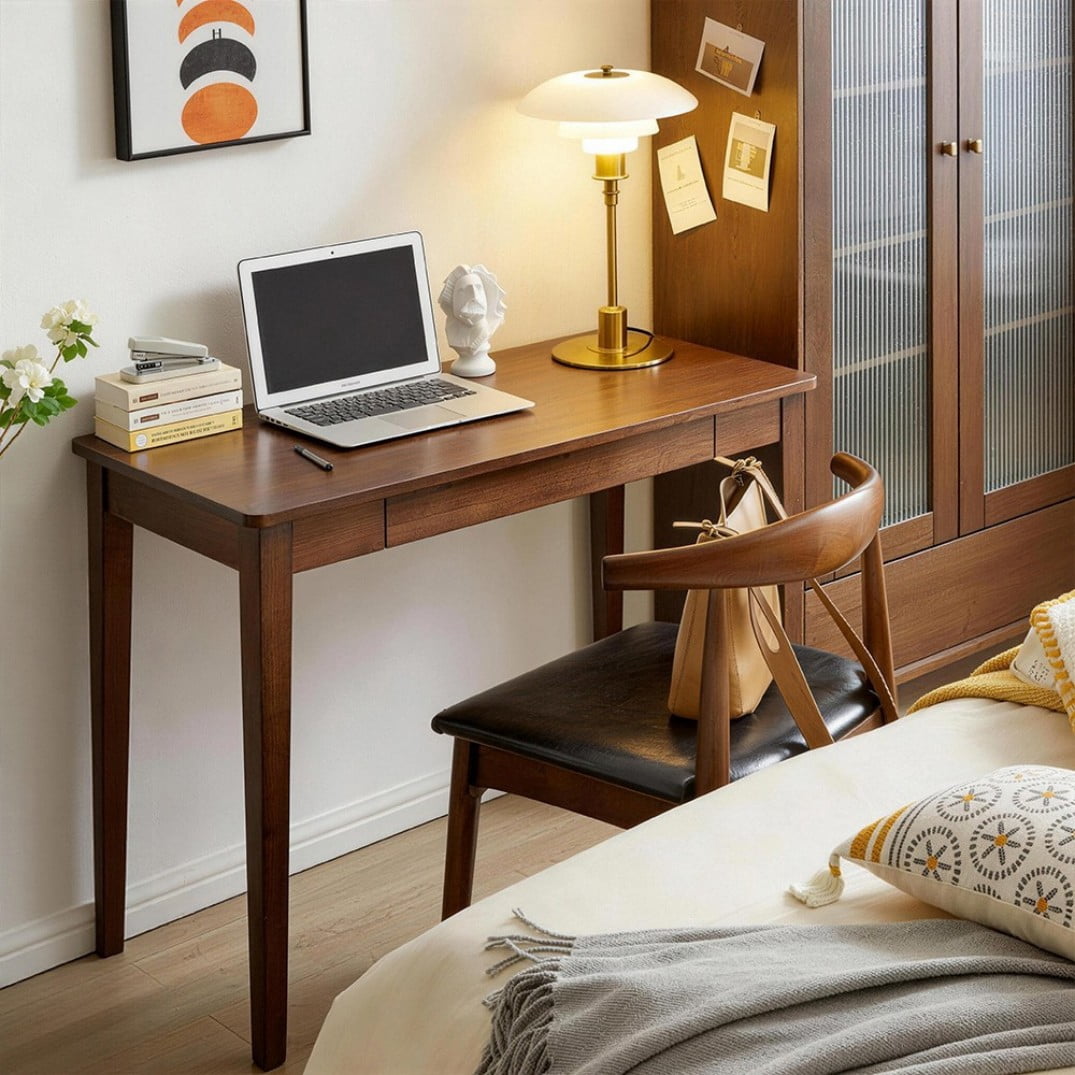 Small Solid Wood Desk with Storage Drawer, Minimalist Vintage Computer Desk, Compact Writing Work Table for Home Office, Bedroom & Small Spaces, Walnut Brown