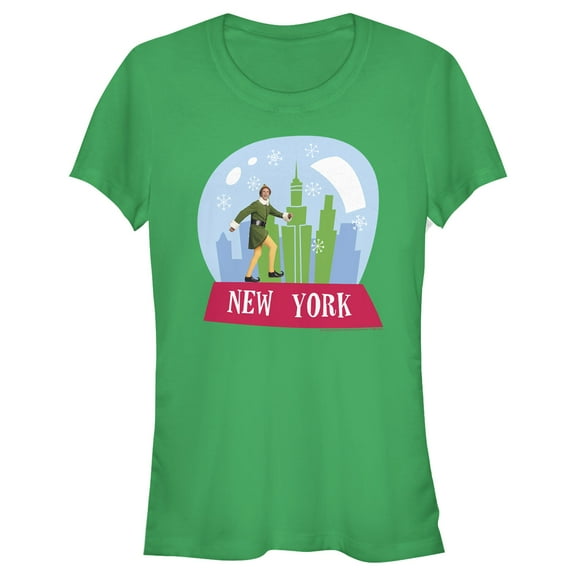 Junior's Elf New York Snow Globe Graphic Tee Kelly Green Medium