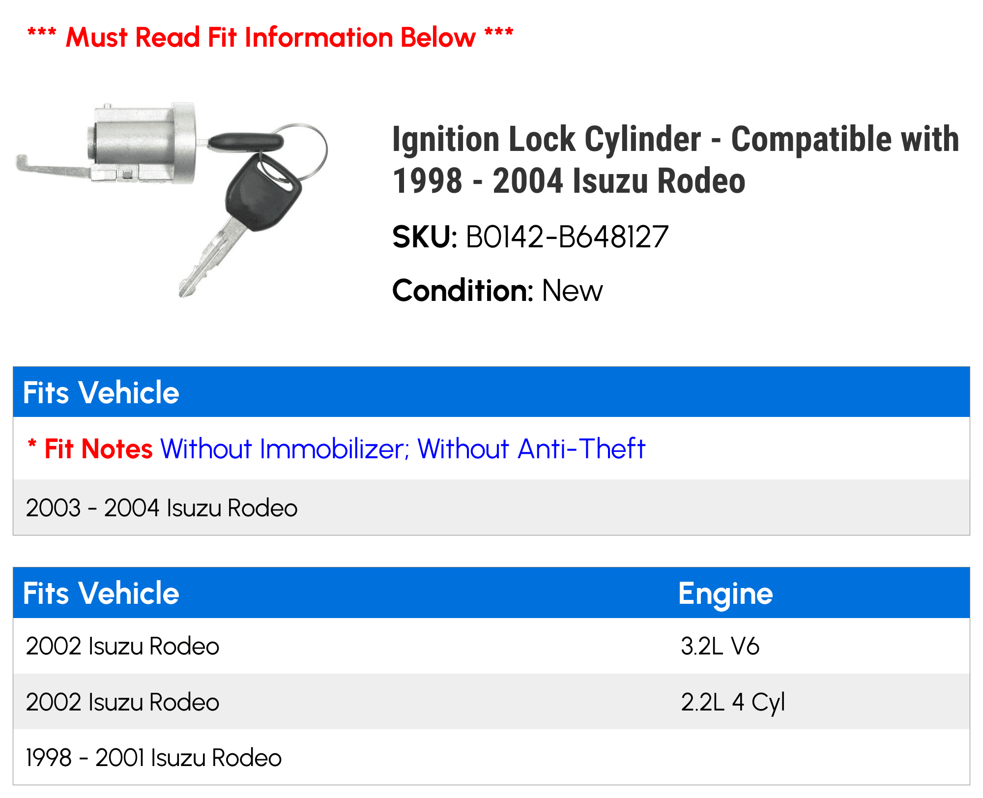 Ignition Lock Cylinder - Compatible with 1998 - 2004 Isuzu Rodeo 1999 2000 2001 2002 2003