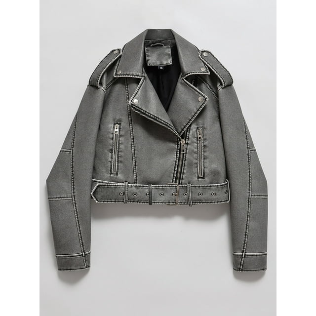 -Chaqueta corta de piel sintética lavada para mujer, ropa de calle con cinturón y cremallera, abrigo Retro de motociclista, Tops