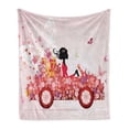 thumbnail image 1 of Cars Soft Flannel Fleece Blanket, Girl on a Car with Floral Present Boxes Butterflies Daisies Little Hearts, Cozy Plush for Indoor and Outdoor Use, 70" x 90", Pink Dark Coral Black, by Ambesonne, 1 of 6