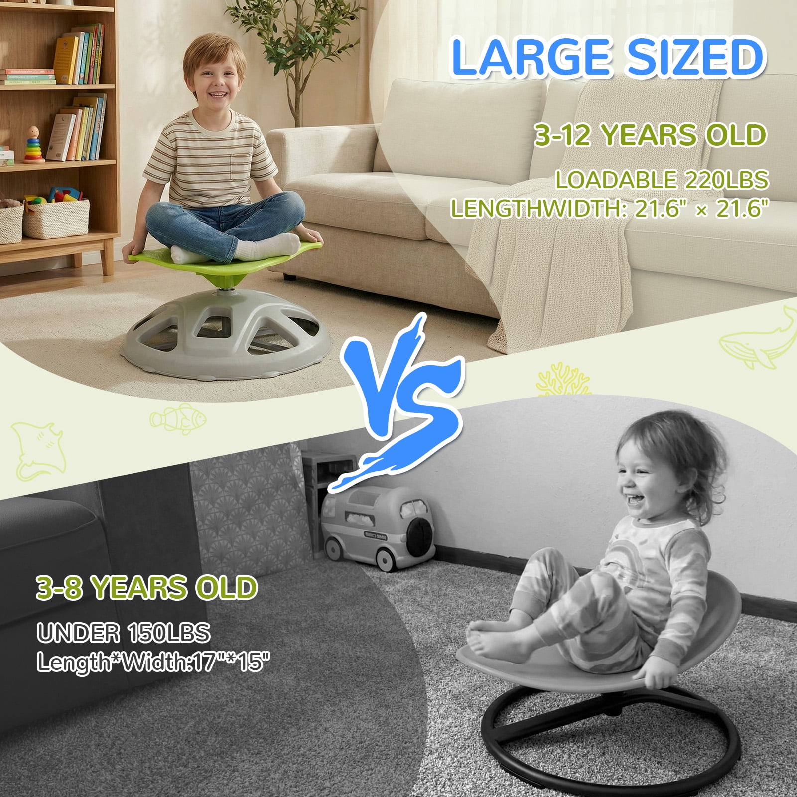 TLSUNNY Spinning Chair for Autistic Kids, Manta-Shaped Sensory Swivel Chair, 360° Sit and Spin Toys w/Upgraded Base, Body Coordination, 220 LBS Load