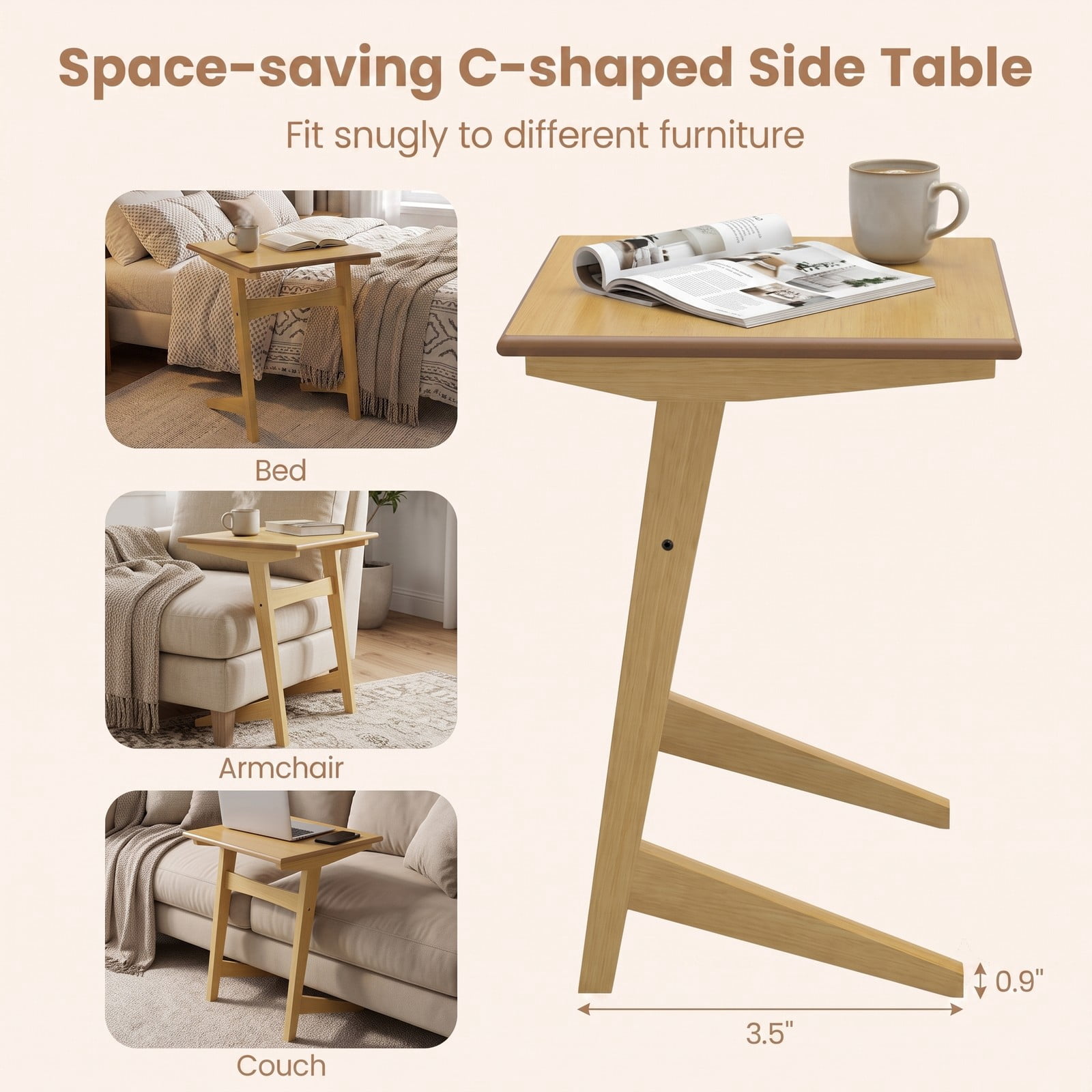 Furnibear Set of 2 C Shaped End Tables, Space-Saving Wood Sofa Side Tables with Veneered Top, Slide Under Couch Snack Laptop Tables with Sturdy Triangle Base, Natural