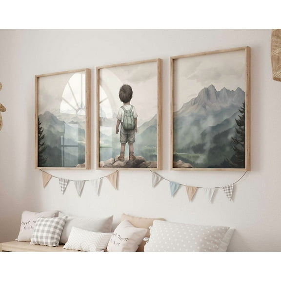 Luvia Adventure Nursery Decor Set Of 3, Nursery Nature Decor, Mountain Nursery, Toddler Room Decor Boy, Green Nursery, Boys Room, Modern Wall Decor Set 3 Prints 8x12 UNFRAMED
