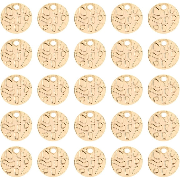 100Pcs Brass Textured Charms 18K Gold Plated Flat Round Charms Stamping Tag Pendants Flat Coin Charms for DIY Bracelets Necklaces Jewelry Making Hole: 1.2mm