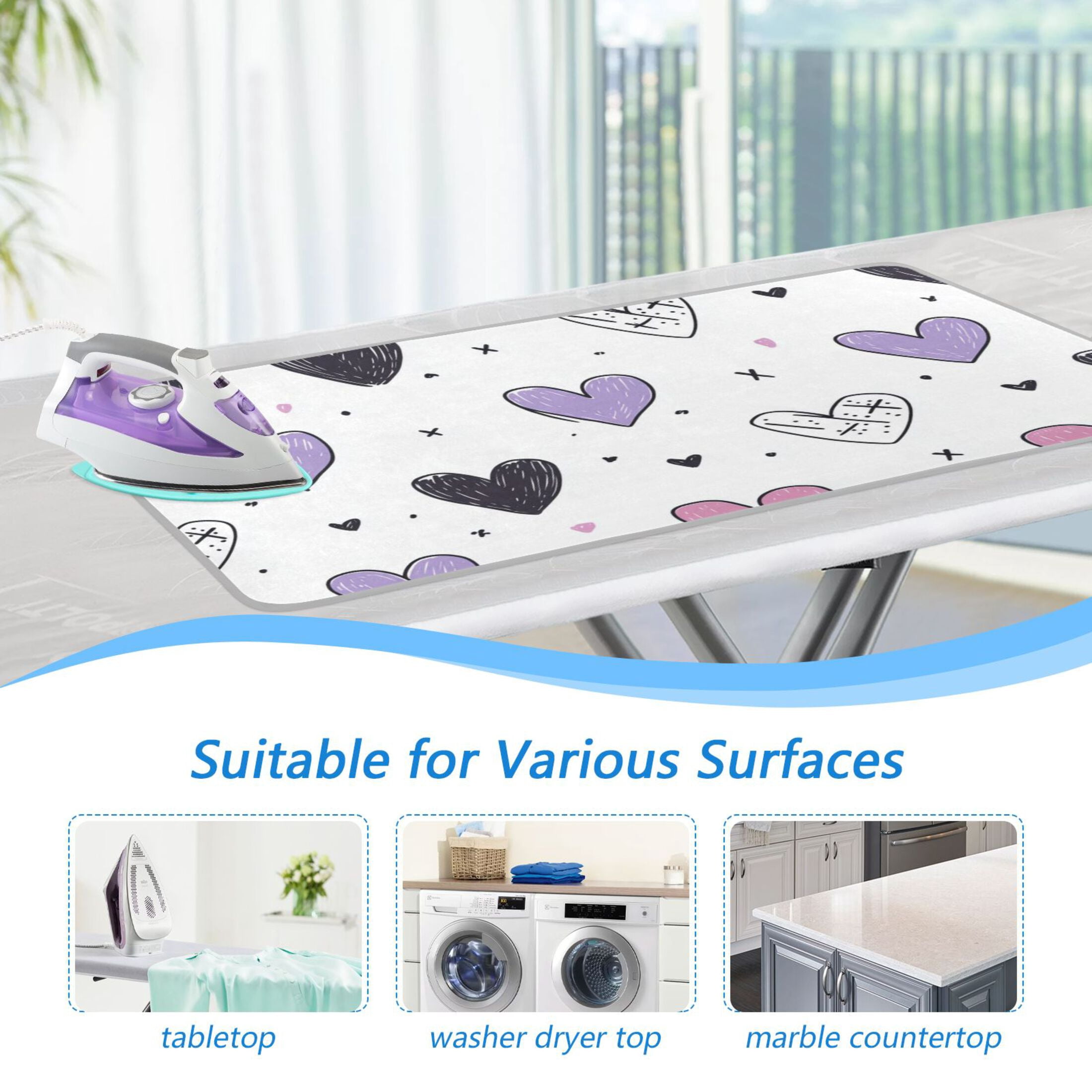 Colorful Doodle Hearts and X Marks Ironing Mat Blanket Portable Travel Ironing Pad Heat Resistant Pad 47.2" x 27.6”