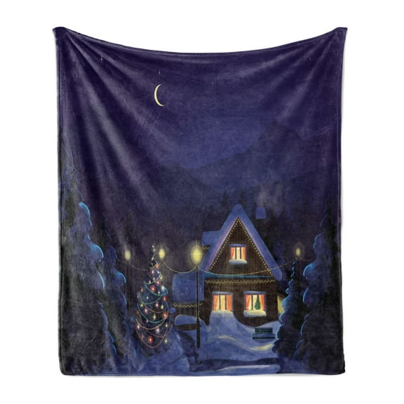 Christmas Soft Flannel Fleece Blanket, Winter Scenery with Designed House and Tree at Night Family Themed Concept Art, Cozy Plush for Indoor and Outdoor Use, 50" x 60", Purple Blue, by Ambesonne