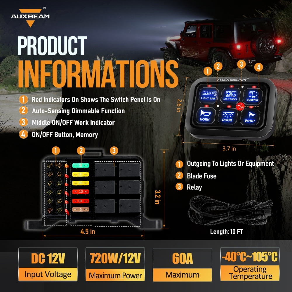 Auxbeam QP006237 BC60 6 Gang LED Switch Panel, Off Road Light Controller (Blue)