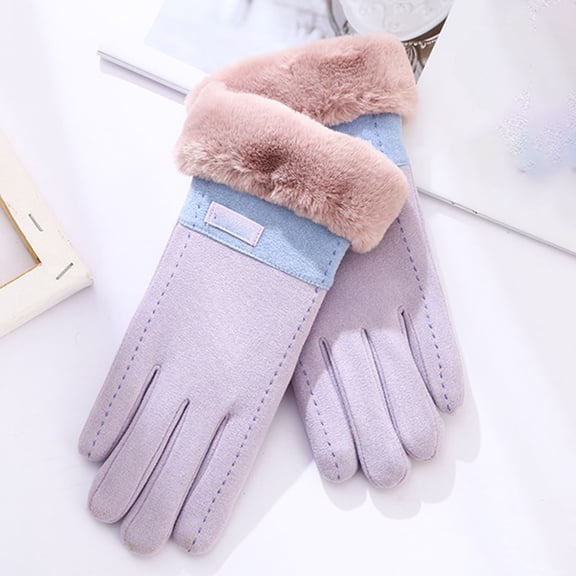 Winter Gloves For Women Thicken Thermal Velvet Warm Comfy Color Block Faux Fur Cuff Cold Weather Glove (Free Size, Purple)