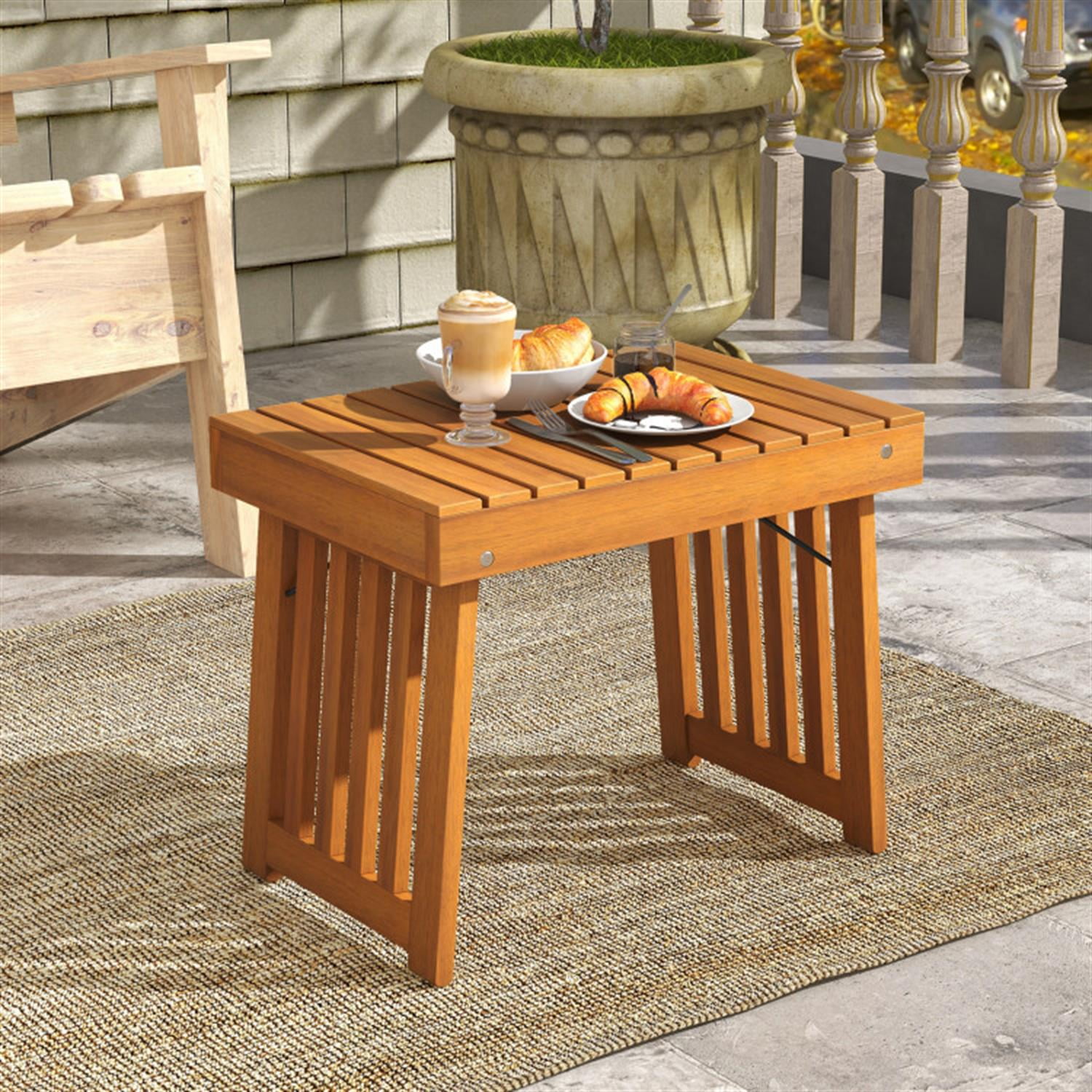 Demi Bonn Outdoor Patio Foldable Side Table with Slatted Tabletop for Backyard, Portable End Table, Beige