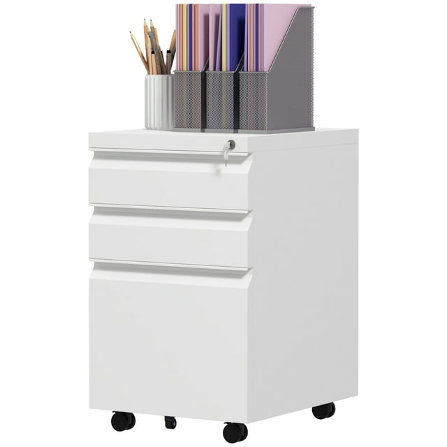 CoSoTower 3 Drawer File Cabinet with Lock, Steel Vertical Filing Cabinet with 5 Wheels and Hanging Bar for A4/Legal/Letter Size Files, Printer Stand with Pre-Assembled Body, White
