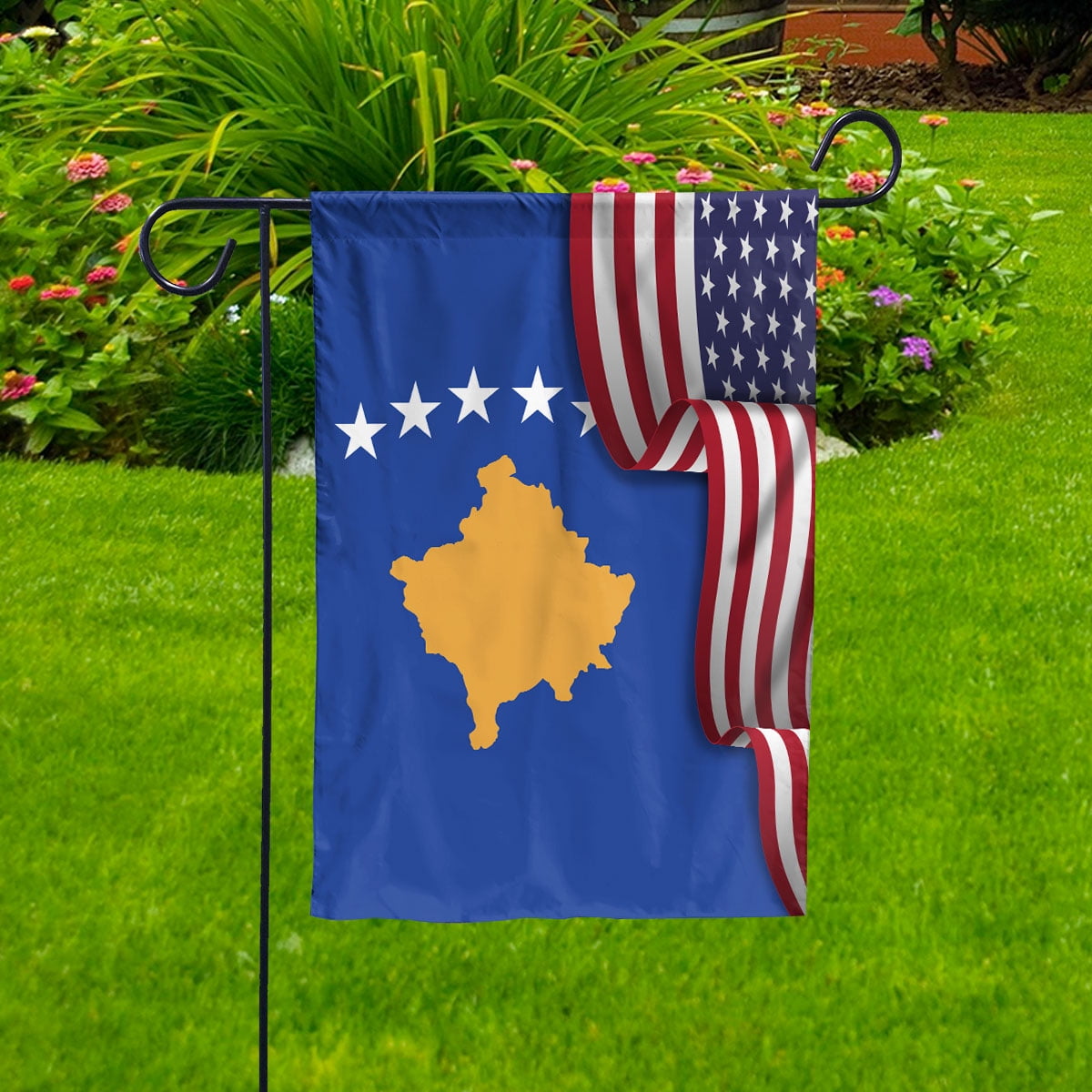 Flag Waving American Flag Kosovar Kosovo U.S.A Friendship Patriotic Proud House Flag, Double-Sided Decorative Outdoor Flag, Patriotic Polyester Yard Flag 29.5 x 39.5 in