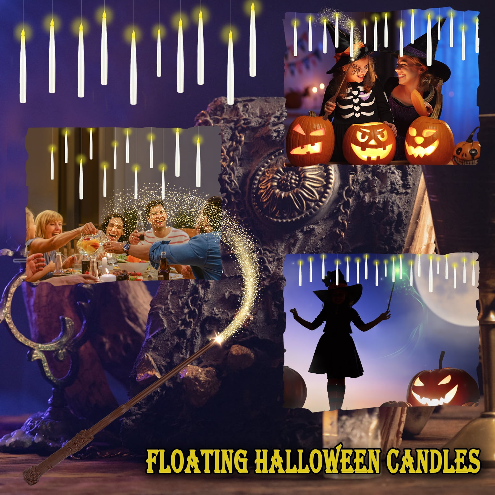 Magic Wand Remote Timer-Controlled Floating Candles Set 12pcs - Flameless, Color-Changing LED Candles with Plastic Taper Design for Magical Proposals, Birthdays, and Halloween Parties