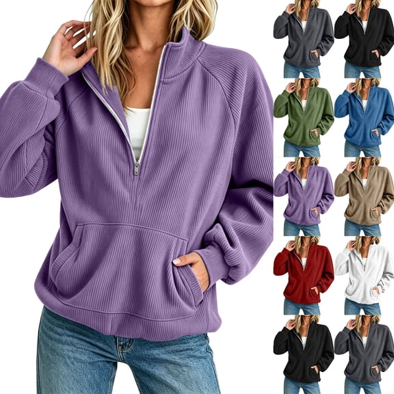 Jaunzuar Sweatshirt for Women Corduroy Long Sleeve Quarter Zip Pullover Stand Collar Loose Casual Tops with Pockets L