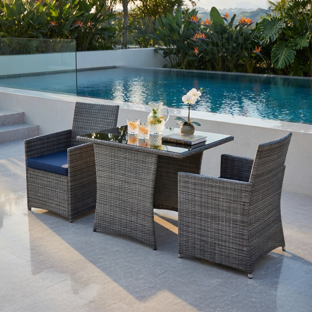 Hommoo 3-Piece Outdoor Rattan Patio Furniture Set, Steel Frame Sofa Chairs with Tempered Glass Table and Removable Cushions for Porch, Balcony, Garden, Navy