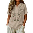 thumbnail image 3 of Embroidered Linen Shirt for Women, V-Neck Short Sleeve Cotton Blend Tunic with Floral Details - Loose Fit Casual Summer Top Beige M, 3 of 8