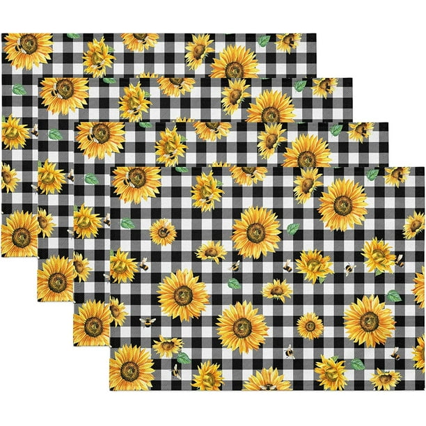 SPXUBZ Placemats, Black and White Buffalo Plaid Sunflower Bee 18x12