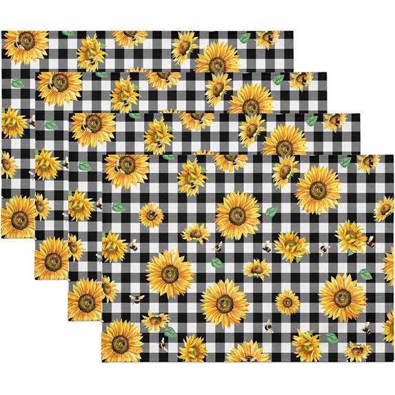 SPXUBZ Placemats, Black and White Buffalo Plaid Sunflower Bee 18x12 Inch Placemats for Family Table Holiday Decorating Placemat Set of 4