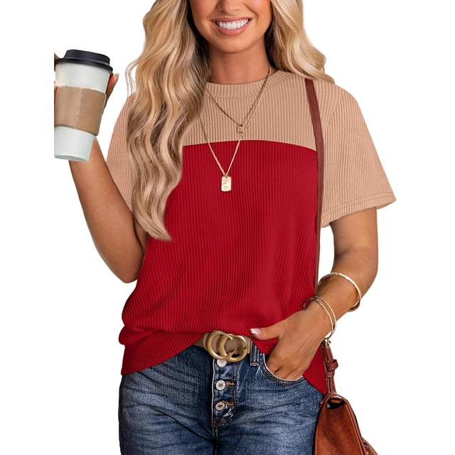 Camisa WIHOLL de punto de manga corta de verano para mujer, color rojo