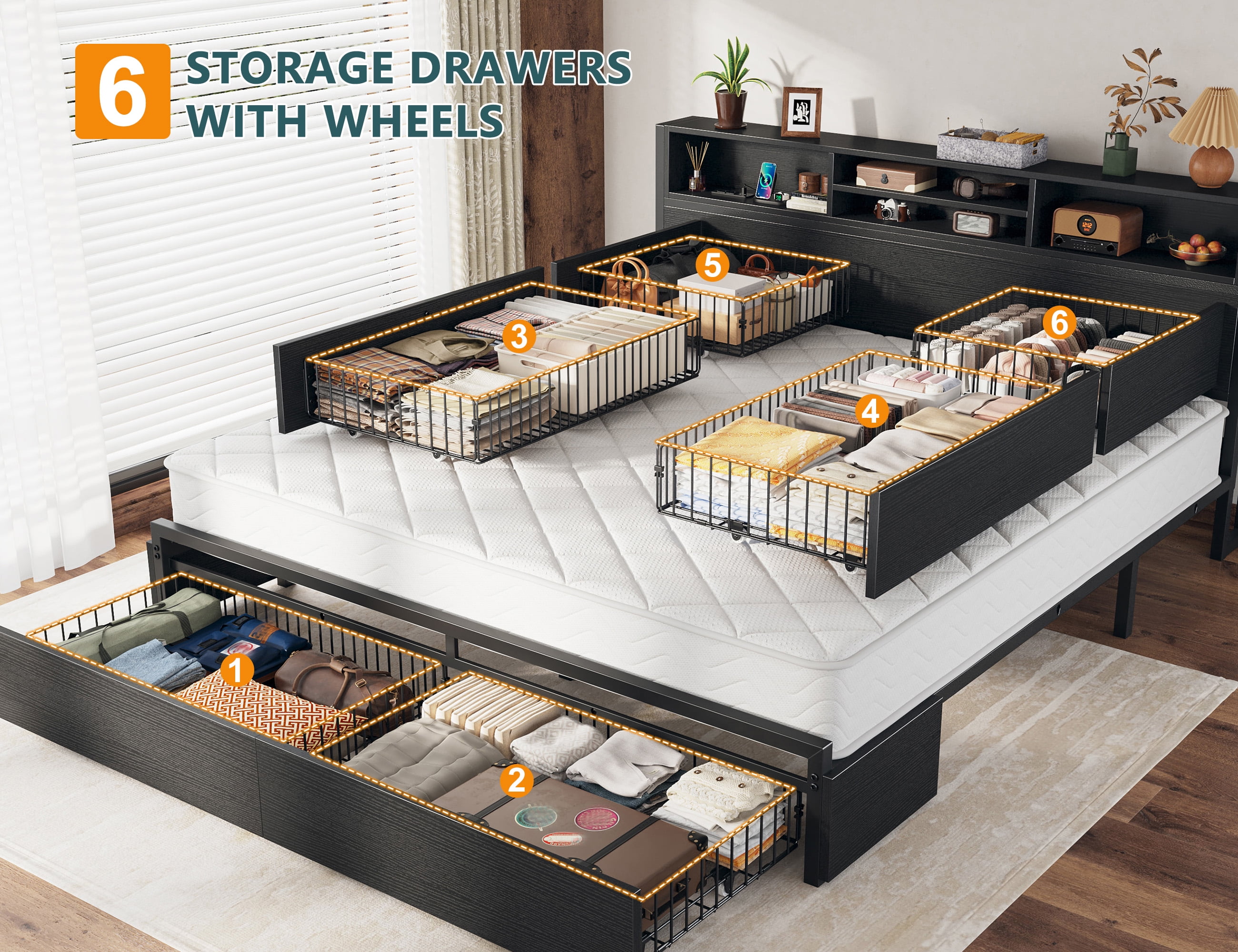 EnHomee King Metal Platform Bed Frame with 6 Storage Drawers & Storage Shelf & Charge Station,Black