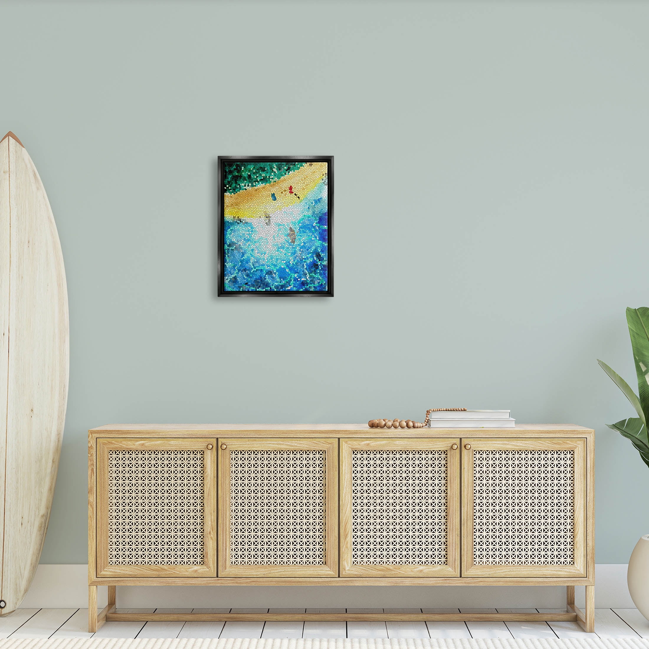Modern Mosaic Pattern Beach Coastal Graphic Art Jet Black Framed Art Print Wall Art