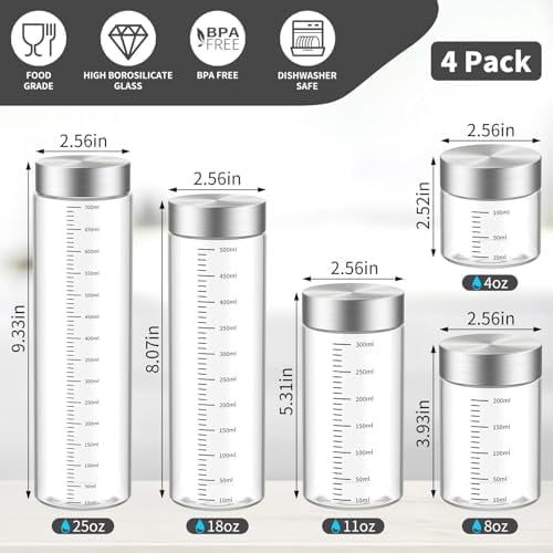 GOLRISEN 8 Oz Glass Juice Bottles, 4 Pack Glass Bottles with Lids, BPA Free, Borosilicate Glass, Leak Proof Lids for Juicing, Smoothies, Infused Water, Beverage Storage, Shaker Bottles
