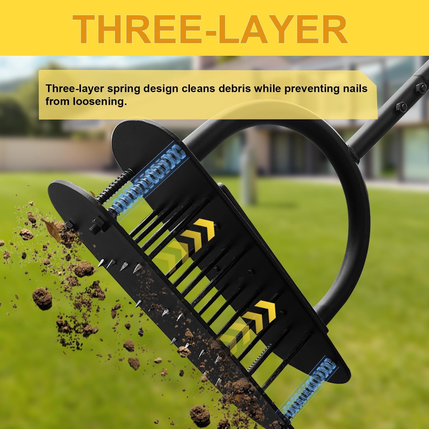 Manual lawn aeration tool, lawn aerator with 16 iron nails, lawn aerator with spring auto-clean and three-layer anti-loosening design, pre-assembled lawn grass aerator, lawn gardening tool