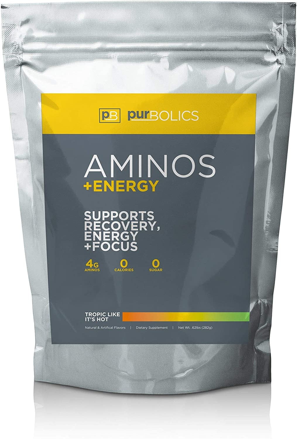 Purbolics Aminos + Energy | Supports Recovery, Energy & Focus | 95mg of Caffeine, 0 Calories & 60 Servings (Tropic Like It's Hot)