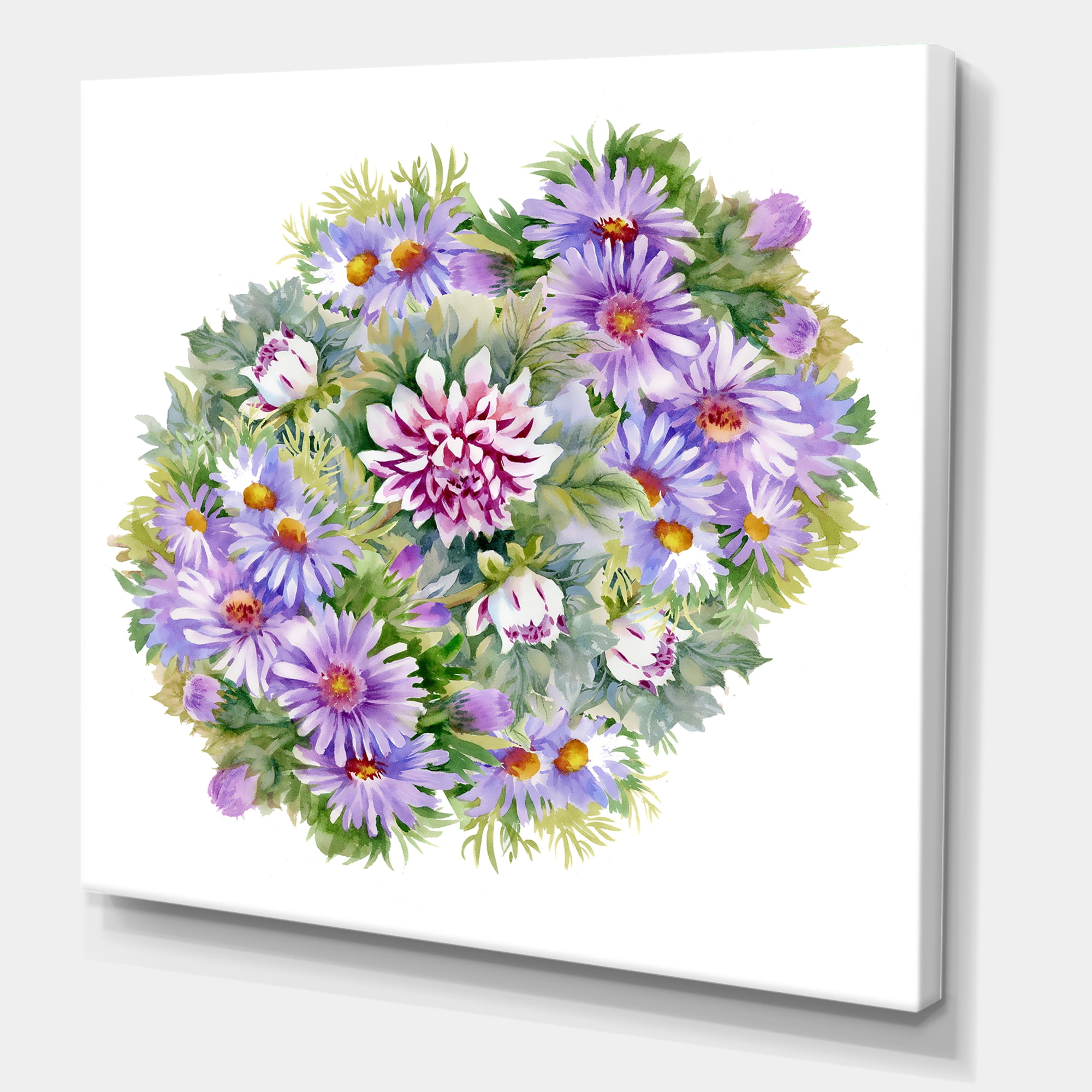 Bouquet With Daisies and Purple Chrysanthemums 30 in x 30 in Painting Canvas Art Print, by Designart