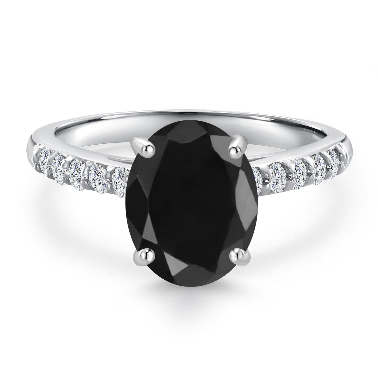 Gem Stone King 10K White Gold Black Sapphire and Lab Grown Diamond Engagement Ring for Women | 2.70 Cttw | Oval 9X7MM | Gemstone September Birthstone | Size 6