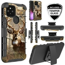 for Google Pixel 5 with Temper Glass and Case Heavy Duty Shock Absorption Kickstand Armor Case with Belt Swivel Clip Holster Cover (Deer)