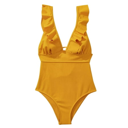 USSUMA Womens Bathing Suits Solid Color One Piece Swimsuit Backless Swimsuits Simple Womens Bikini for Vacation Yellow Holiday Deals