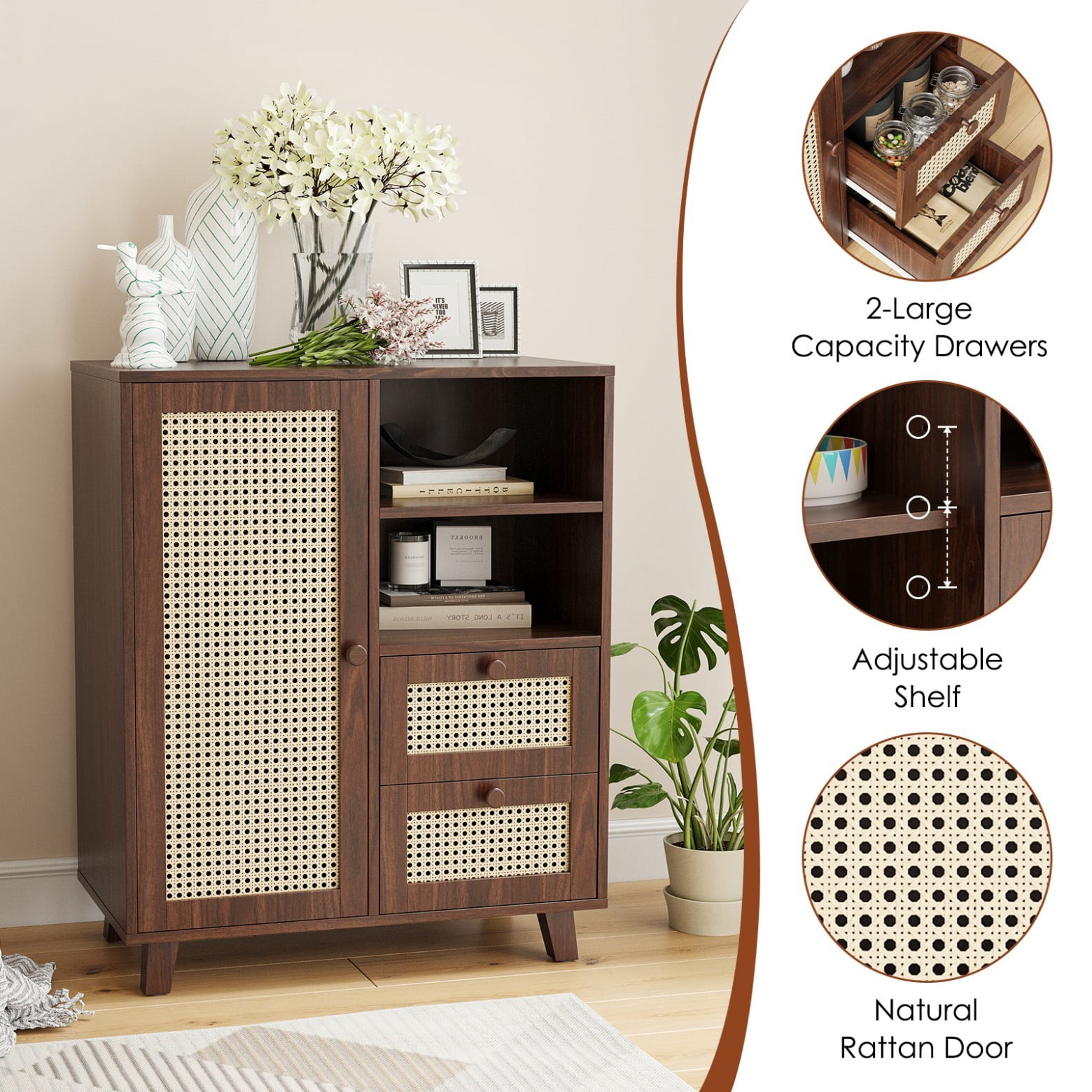 Rattan Buffet Cabinet with Drawers & Adjustable Shelf, Modern Farmhouse Sideboard Storage Cabinet for Living Room, Kitchen, Entryway, Walnut