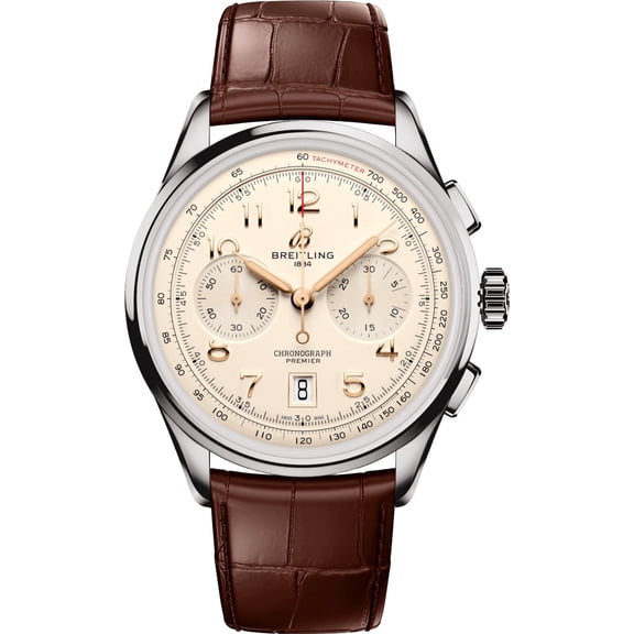 Breitling Premier B01 Chronograph 42 Automatic Cream Dial Brown Leather Strap Men's Watch AB0145211G1P2