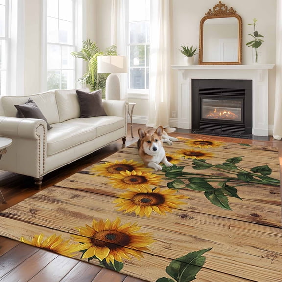 6'x9' Area Rugs, Vintage Sunflower Indoor Outdoor Area Rug for Living Room Bedroom, Farmhouse Vintage Wooden Floral Washable Bathroom Rugs Kitchen Floor Carpet Mats Home Decor Aesthetic