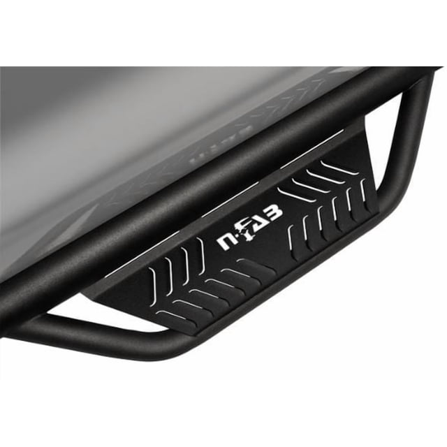 Fits 2019-2023 Ford Ranger N-Fab Nerf Bar HPF1981CC-TX Podium; With Drop Down Steps; 3 Inch Round Bent; Textured Powder Coated Matte Black Stainless Steel; Welded Vented End Caps; Rocker Panel Mount