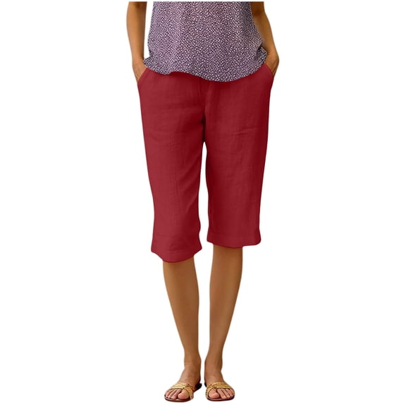 Kvture Womens Capri Pants Knee Length Cotton Linen Capris Summer Straight Leg Loose Beach Bermuda Shorts with Pockets XXL Red