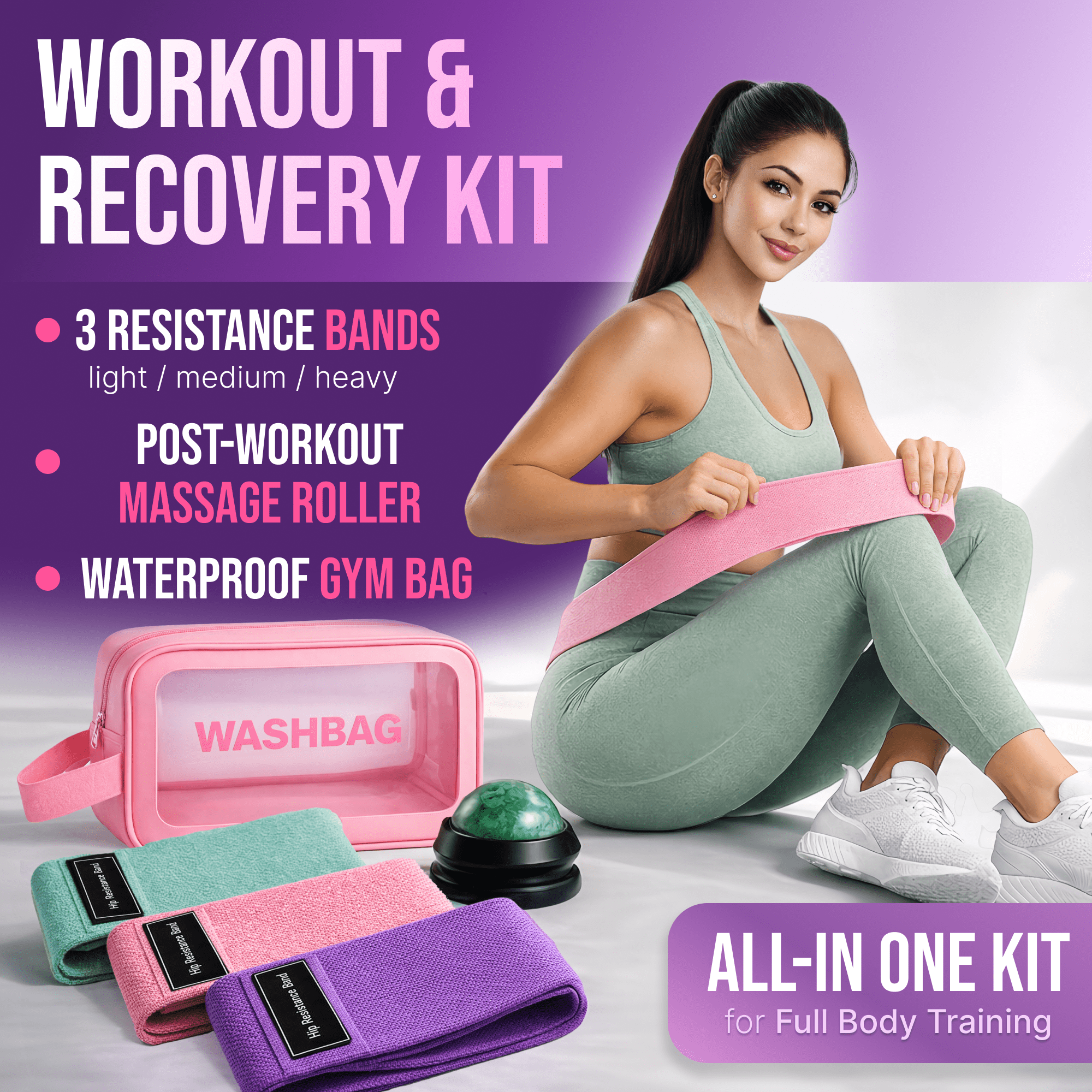 Fabric Resistance Bands for Working Out Women - Set of 3 with Massage Roller Ball & Waterproof Gym Bag - Anti-Slip Glute, Hip & Leg Workout Bands