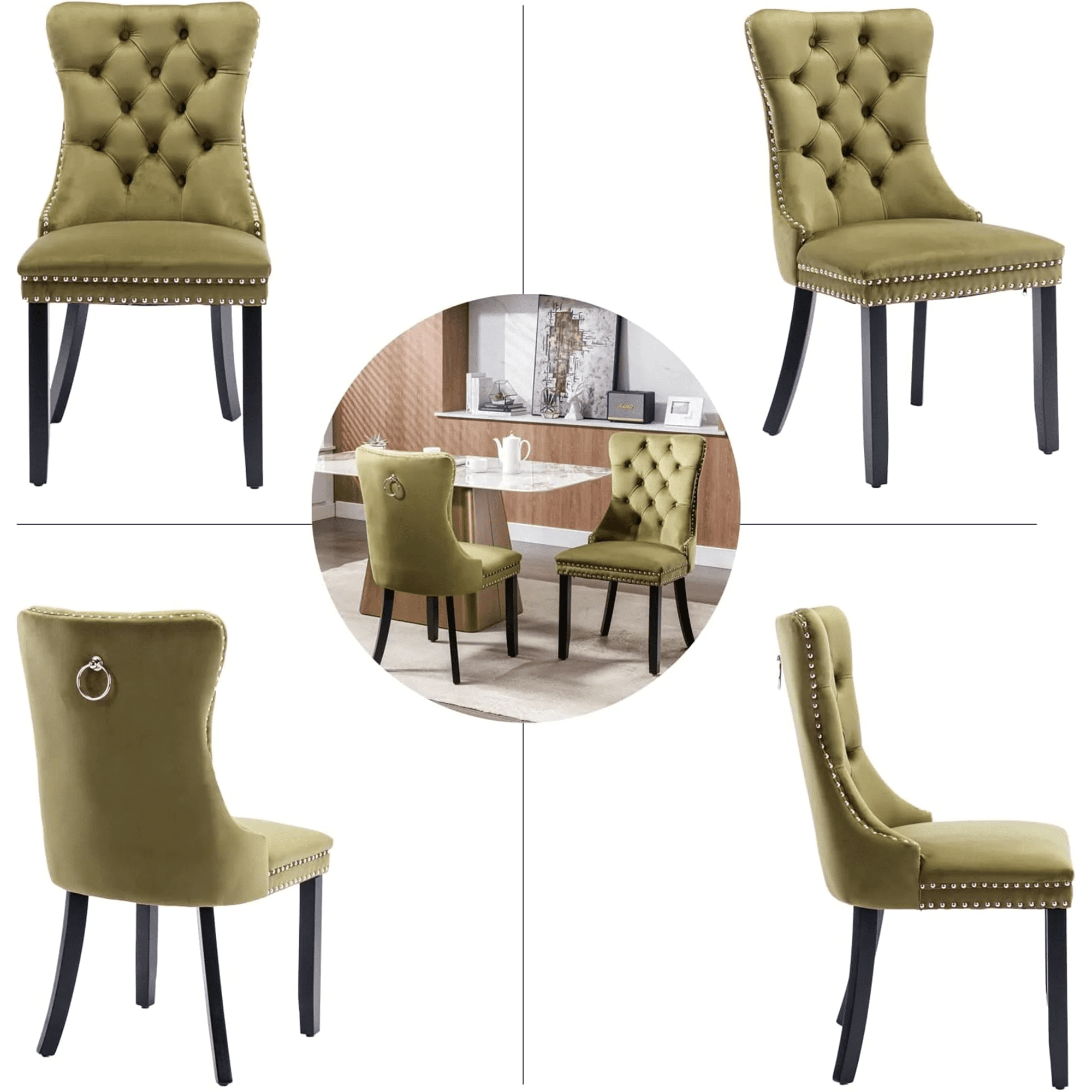 Dining Chairs Set of 2, Upholstered High-End Tufted Dining Room Chair with Back Ring and Nailhead Trim, Modern Velvet Kitchen Chairs with Solid Wood Legs for Kitchen, Home,Olive-Green