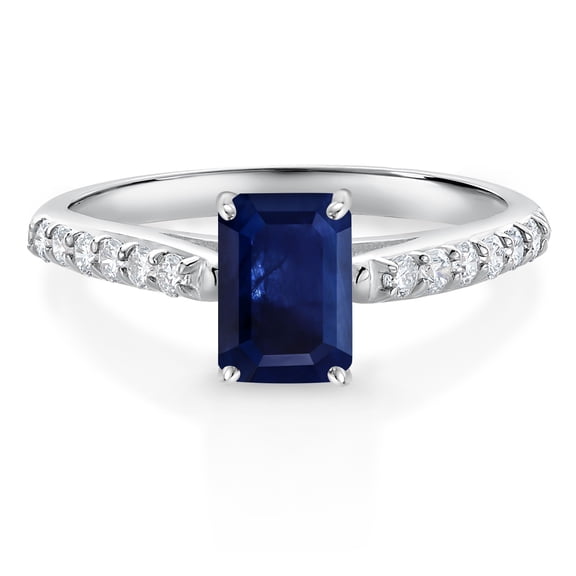 Gem Stone King 1.74 Ct Octagon Blue Sapphire G/H Lab Grown Diamond 10K White Gold Engagement Ring (Size 7)